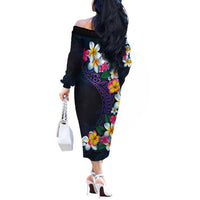 Hawaiian Plumeria-Polynesian Art Tattoo Frosted Blue Violet Color Off The Shoulder Long Sleeve Dress LT03 - Polynesian Pride