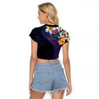 Hawaiian Plumeria-Polynesian Art Tattoo Frosted Blue Violet Color Raglan Cropped T Shirt LT03 - Polynesian Pride