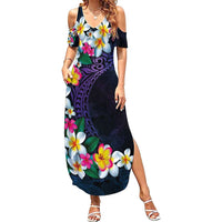 Hawaiian Plumeria-Polynesian Art Tattoo Frosted Blue Violet Color Summer Maxi Dress