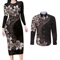 Hawaiian Plumeria-Polynesian Art Tattoo Grayscale Color Couples Matching Long Sleeve Bodycon Dress and Long Sleeve Button Shirt LT03 Gray - Polynesian Pride