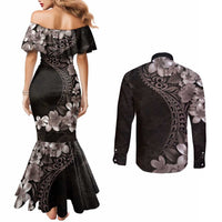Hawaiian Plumeria-Polynesian Art Tattoo Grayscale Color Couples Matching Mermaid Dress and Long Sleeve Button Shirt LT03 - Polynesian Pride