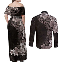 Hawaiian Plumeria-Polynesian Art Tattoo Grayscale Color Couples Matching Off Shoulder Maxi Dress and Long Sleeve Button Shirt LT03 - Polynesian Pride