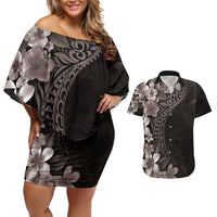 Hawaiian Plumeria-Polynesian Art Tattoo Grayscale Color Couples Matching Off Shoulder Short Dress and Hawaiian Shirt LT03 Gray - Polynesian Pride