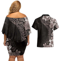 Hawaiian Plumeria-Polynesian Art Tattoo Grayscale Color Couples Matching Off Shoulder Short Dress and Hawaiian Shirt LT03 - Polynesian Pride