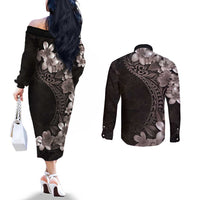 Hawaiian Plumeria-Polynesian Art Tattoo Grayscale Color Couples Matching Off The Shoulder Long Sleeve Dress and Long Sleeve Button Shirt LT03 - Polynesian Pride