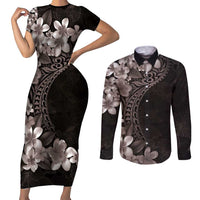 Hawaiian Plumeria-Polynesian Art Tattoo Grayscale Color Couples Matching Short Sleeve Bodycon Dress and Long Sleeve Button Shirt LT03 Gray - Polynesian Pride