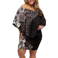 Hawaiian Plumeria-Polynesian Art Tattoo Grayscale Color Family Matching Off Shoulder Short Dress and Hawaiian Shirt LT03 Mom's Dress Gray - Polynesian Pride