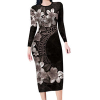 Hawaiian Plumeria-Polynesian Art Tattoo Grayscale Color Long Sleeve Bodycon Dress LT03 Long Dress Gray - Polynesian Pride
