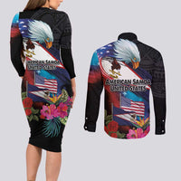 American Samoa and United States Together Couples Matching Long Sleeve Bodycon Dress and Long Sleeve Button Shirt National Flag with Eagle-Hibiscus and Rose LT03 - Polynesian Pride