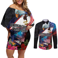 American Samoa and United States Together Couples Matching Off Shoulder Short Dress and Long Sleeve Button Shirt National Flag with Eagle-Hibiscus and Rose LT03 Black - Polynesian Pride