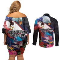 American Samoa and United States Together Couples Matching Off Shoulder Short Dress and Long Sleeve Button Shirt National Flag with Eagle-Hibiscus and Rose LT03 - Polynesian Pride