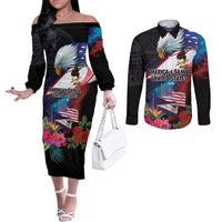 American Samoa and United States Together Couples Matching Off The Shoulder Long Sleeve Dress and Long Sleeve Button Shirt National Flag with Eagle-Hibiscus and Rose LT03 Black - Polynesian Pride