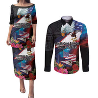 American Samoa and United States Together Couples Matching Puletasi and Long Sleeve Button Shirt National Flag with Eagle-Hibiscus and Rose LT03 Black - Polynesian Pride