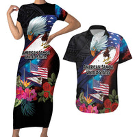 American Samoa and United States Together Couples Matching Short Sleeve Bodycon Dress and Hawaiian Shirt National Flag with Eagle-Hibiscus and Rose LT03 Black - Polynesian Pride