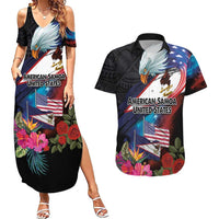 American Samoa and United States Together Couples Matching Summer Maxi Dress and Hawaiian Shirt National Flag with Eagle-Hibiscus and Rose LT03 Black - Polynesian Pride