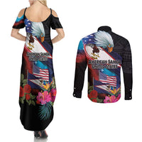 American Samoa and United States Together Couples Matching Summer Maxi Dress and Long Sleeve Button Shirt National Flag with Eagle-Hibiscus and Rose LT03 - Polynesian Pride