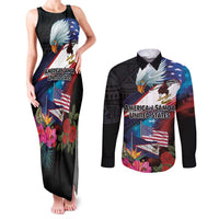 American Samoa and United States Together Couples Matching Tank Maxi Dress and Long Sleeve Button Shirt National Flag with Eagle-Hibiscus and Rose LT03 Black - Polynesian Pride