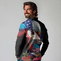 American Samoa and United States Together Long Sleeve Polo Shirt National Flag with Eagle-Hibiscus and Rose LT03 - Polynesian Pride