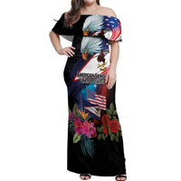 American Samoa and United States Together Off Shoulder Maxi Dress National Flag with Eagle-Hibiscus and Rose LT03 Women Black - Polynesian Pride