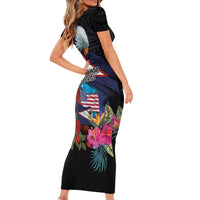 American Samoa and United States Together Short Sleeve Bodycon Dress National Flag with Eagle-Hibiscus and Rose LT03 - Polynesian Pride