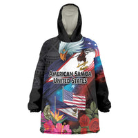 American Samoa and United States Together Wearable Blanket Hoodie National Flag with Eagle-Hibiscus and Rose LT03 One Size Black - Polynesian Pride