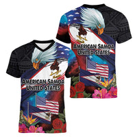 American Samoa and United States Together Women V-Neck T-Shirt National Flag with Eagle-Hibiscus and Rose LT03 - Polynesian Pride
