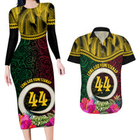 Vanuatu 44th Anniversary Independence Day Couples Matching Long Sleeve Bodycon Dress and Hawaiian Shirt Boars Tusk and Namele Plant LT03 Black - Polynesian Pride