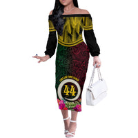 Vanuatu 44th Anniversary Independence Day Off The Shoulder Long Sleeve Dress Boars Tusk and Namele Plant LT03 Women Black - Polynesian Pride