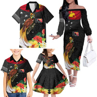 Papua New Guinea Independence Day Family Matching Off The Shoulder Long Sleeve Dress and Hawaiian Shirt PNG Flag and Bird-of-Paradise LT03 - Polynesian Pride