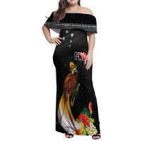 Papua New Guinea Independence Day Family Matching Off Shoulder Maxi Dress and Hawaiian Shirt PNG Flag and Bird-of-Paradise LT03 Mom's Dress Black - Polynesian Pride