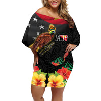 Papua New Guinea Independence Day Family Matching Off Shoulder Short Dress and Hawaiian Shirt PNG Flag and Bird-of-Paradise LT03 Mom's Dress Black - Polynesian Pride