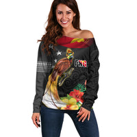 Papua New Guinea Independence Day Off Shoulder Sweater PNG Flag and Bird-of-Paradise LT03 Women Black - Polynesian Pride