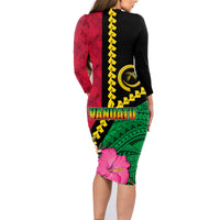 Vanuatu Flag Hibiscus Polynesian Pattern Family Matching Long Sleeve Bodycon Dress and Hawaiian Shirt LT03 - Polynesian Pride