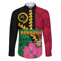 Vanuatu Flag Hibiscus Polynesian Pattern Family Matching Off The Shoulder Long Sleeve Dress and Hawaiian Shirt LT03 Dad's Shirt - Long Sleeve Black - Polynesian Pride