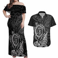 Hawaii Monk Seal and Dolphin Couples Matching Off Shoulder Maxi Dress and Hawaiian Shirt Polynesian Kakau Pattern Black White Color LT03 Black - Polynesian Pride