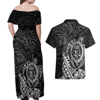 Hawaii Monk Seal and Dolphin Couples Matching Off Shoulder Maxi Dress and Hawaiian Shirt Polynesian Kakau Pattern Black White Color LT03 - Polynesian Pride