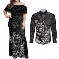 Hawaii Monk Seal and Dolphin Couples Matching Off Shoulder Maxi Dress and Long Sleeve Button Shirt Polynesian Kakau Pattern Black White Color
