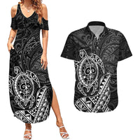 Hawaii Monk Seal and Dolphin Couples Matching Summer Maxi Dress and Hawaiian Shirt Polynesian Kakau Pattern Black White Color