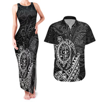 Hawaii Monk Seal and Dolphin Couples Matching Tank Maxi Dress and Hawaiian Shirt Polynesian Kakau Pattern Black White Color