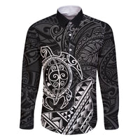 Hawaii Monk Seal and Dolphin Family Matching Mermaid Dress and Hawaiian Shirt Polynesian Kakau Pattern Black White Color LT03 Dad's Shirt - Long Sleeve Black - Polynesian Pride
