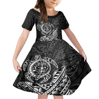 Hawaii Monk Seal and Dolphin Family Matching Off Shoulder Maxi Dress and Hawaiian Shirt Polynesian Kakau Pattern Black White Color LT03 Daughter's Dress Black - Polynesian Pride