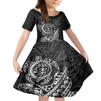 Hawaii Monk Seal and Dolphin Family Matching Short Sleeve Bodycon Dress and Hawaiian Shirt Polynesian Kakau Pattern Black White Color
