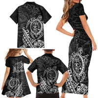 Hawaii Monk Seal and Dolphin Family Matching Short Sleeve Bodycon Dress and Hawaiian Shirt Polynesian Kakau Pattern Black White Color