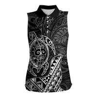 Hawaii Monk Seal and Dolphin Women Sleeveless Polo Shirt Polynesian Kakau Pattern Black White Color