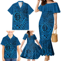 Hawaii Monk Seal and Dolphin Family Matching Mermaid Dress and Hawaiian Shirt Polynesian Kakau Pattern Blue LT03 - Polynesian Pride