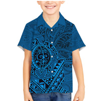 Hawaii Monk Seal and Dolphin Family Matching Mermaid Dress and Hawaiian Shirt Polynesian Kakau Pattern Blue LT03 Son's Shirt Blue - Polynesian Pride