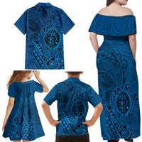 Hawaii Monk Seal and Dolphin Family Matching Off Shoulder Maxi Dress and Hawaiian Shirt Polynesian Kakau Pattern Blue LT03 - Polynesian Pride