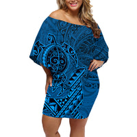 Hawaii Monk Seal and Dolphin Family Matching Off Shoulder Short Dress and Hawaiian Shirt Polynesian Kakau Pattern Blue