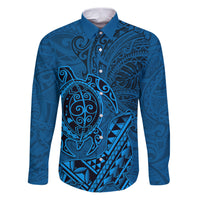 Hawaii Monk Seal and Dolphin Family Matching Puletasi and Hawaiian Shirt Polynesian Kakau Pattern Blue LT03 Dad's Shirt - Long Sleeve Blue - Polynesian Pride