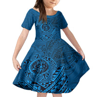 Hawaii Monk Seal and Dolphin Kid Short Sleeve Dress Polynesian Kakau Pattern Blue